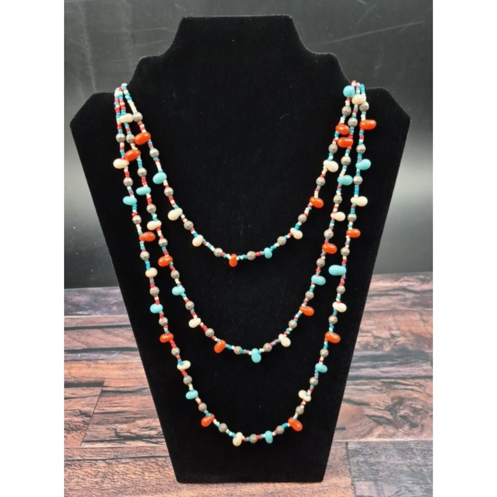3 Strand Faux Turquoise Necklace Red White Blue Southwestern Beaded 22–28" Boho
